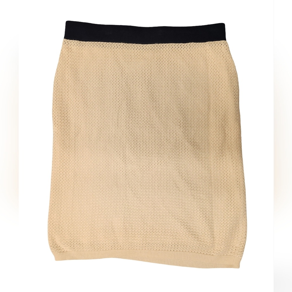 Anthropologie Flat White Cream Textured Pointelle Knit Skirt Contrast Waist S